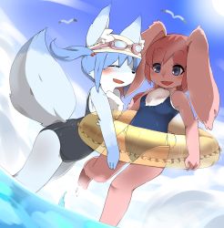 Rule 34 | 2girls, :d, animal ear fluff, animal ears, bird, blue fur, blue hair, body fur, closed eyes, cloud, commentary request, covered navel, day, fang, fox, fox ears, fox girl, fox tail, furry, furry female, goggles, goggles on headwear, highres, innertube, leg up, medium hair, minnnanihanaisixyo, multiple girls, open mouth, original, pink fur, pink hair, purple eyes, rabbit, rabbit ears, rabbit girl, rabbit tail, school swimsuit, seagull, short twintails, sky, smile, snout, summer, sun, swim ring, swimsuit, tail, twintails