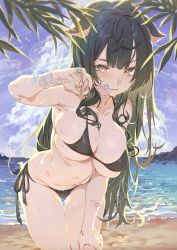 Rule 34 | 1girl, animal ears, bandaid, bandaid on arm, bandaid on face, beach, bikini, black bikini, black hair, blush, breasts, cleavage, cloud, cloudy sky, collarbone, commentary request, cowboy shot, day, glint, green eyes, hand on leg, highres, horizon, hxxg, large breasts, leaning forward, lens flare, long hair, looking at viewer, navel, original, outdoors, parted lips, side-tie bikini bottom, skindentation, sky, solo, standing, swimsuit, v-shaped eyebrows, water