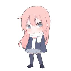 Rule 34 | 1girl, blazer, blue eyes, blue thighhighs, blush, bow, bowtie, chibi, full body, grey skirt, jacket, lowres, megurine luka, mimengfeixue, miniskirt, pink bow, pink bowtie, pink hair, pleated skirt, scarf, school uniform, shirt, shoes, simple background, skirt, sleeves past fingers, sleeves past wrists, solo, standing, thighhighs, vocaloid, white background, white scarf, white shirt
