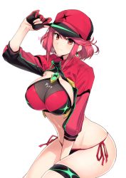 Rule 34 | 1girl, absurdres, adapted costume, artoria pendragon (fate), baseball cap, between legs, bikini, bikini bottom only, breasts, character name, cleavage, cosplay, cropped jacket, fate (series), gloves, halcon, hand between legs, hand on headwear, hat, highres, large breasts, looking at viewer, mysterious heroine xx (fate), mysterious heroine xx (fate) (cosplay), nintendo, panties, partially fingerless gloves, pink bikini, pink gloves, pink hair, pink hat, pyra (xenoblade), red eyes, see-through, short hair, shrug (clothing), side-tie bikini bottom, side-tie panties, sidelocks, simple background, skindentation, smile, solo, string bikini, swept bangs, swimsuit, thigh strap, underwear, white background, xenoblade chronicles (series), xenoblade chronicles 2