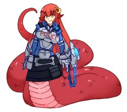 Rule 34 | 1girl, astral chain, black skirt, breasts, chain, commission, crossover, full body, gloves, hair between eyes, hair ornament, hairclip, jacket, lamia, large breasts, long hair, long sleeves, looking at viewer, miia (monster musume), monster girl, monster musume no iru nichijou, parody, pointy ears, police, police uniform, policewoman, red hair, rtil, scales, sidelocks, simple background, sketch, skirt, slit pupils, smile, standing, tail, uniform, v-shaped eyebrows, white background, yellow eyes