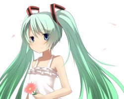 Rule 34 | 1girl, aqua hair, blue eyes, blush, child, dress, female focus, flat chest, flower, gradient hair, green hair, hatsune miku, holding, long hair, long twintails, mikan (ama no hakoniwa), multicolored hair, simple background, smile, solo, sundress, twintails, upper body, very long hair, vocaloid