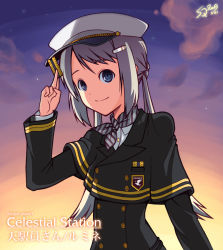 Rule 34 | 1girl, blue eyes, grey hair, hair ornament, hairclip, hat, looking at viewer, night, night sky, sizque, sky, smile, solo, twilight, uniform