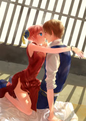 Rule 34 | 1boy, 1girl, bad id, bad pixiv id, blue eyes, brown hair, bun cover, chinese clothes, cuffs, eye contact, gintama, grabbing another&#039;s chin, hand on another&#039;s chin, handcuffs, hetero, highres, imminent kiss, kagura (gintama), loli bushi, looking at another, okita sougo, orange hair, red eyes, short hair