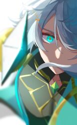 Rule 34 | 1boy, aiming, aiming at viewer, alhaitham (genshin impact), aqua eyes, black shirt, cable, chest jewel, close-up, gem, genshin impact, gold trim, green gemstone, grey hair, hair between eyes, hair over mouth, hair over one eye, highres, holding, holding sword, holding weapon, looking at viewer, male focus, matohuku1210, multicolored eyes, one eye covered, parted bangs, pectorals, shaded face, shirt, sidelocks, solo, swept bangs, sword, weapon, white background