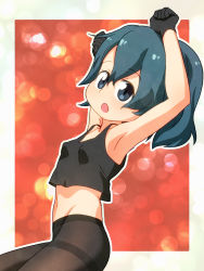 Rule 34 | 10s, 1girl, :o, armpits, arms up, black gloves, black pantyhose, black tank top, blue eyes, breasts, commentary, gloves, hair between eyes, highres, kaban (kemono friends), kemono friends, looking at viewer, midriff, no panties, outline, pantyhose, sat-c, short hair, small breasts, solo, stretching, tank top, thighband pantyhose, white outline