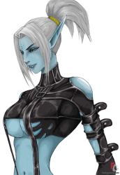 Rule 34 | armor, blue eyes, blue skin, breasts, colored skin, dark elf, elf, highres, lineage, lineage 2, lips, midriff, pointy ears, ponytail, silver hair, simple background, source request, underboob