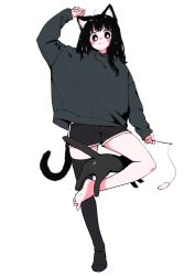 Rule 34 | 1girl, ahoge, animal ear fluff, animal ears, arm up, balancing, bare legs, barefoot, black cat, black eyes, black hair, black shorts, black thighhighs, blunt bangs, blush, blush stickers, cat, cat ears, cat girl, cat tail, cat teaser, full body, grey hoodie, highres, holding, hood, hoodie, legs, looking at viewer, megateru, nose blush, original, shorts, single sock, smile, socks, soles, solo, standing, standing on one leg, tail, thighhighs, toes, white background