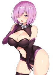Rule 34 | 1girl, bare shoulders, black gloves, black leotard, black thighhighs, breasts, cleavage, cleavage cutout, clothing cutout, curvy, elbow gloves, fate/grand order, fate (series), gloves, hair over one eye, large breasts, leotard, light purple hair, looking at viewer, mash kyrielight, mitsukazu (nijigen complex), navel, navel cutout, plump, purple eyes, purple gloves, short hair, skindentation, smile, solo, thighhighs