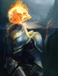Rule 34 | 1other, ambiguous gender, armor, arms at sides, bridge, commentary, english commentary, fantasy, fire, flaming skull, fog, highres, living armor, looking away, marty eb, medieval, mountain, no neck, open mouth, outdoors, plate armor, procreate (medium), runescape, signature, solo, standing, upper body, water