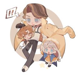 Rule 34 | !, !!, 1boy, 2girls, almond cookie, alwaysfewer., chibi, coat, coat on shoulders, cookie run, cream puff cookie, highres, holding person, humanization, multiple girls, open mouth, walnut cookie