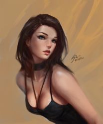 Rule 34 | 1girl, bad id, bad tumblr id, bare shoulders, blue eyes, breasts, brown hair, camisole, choker, cleavage, earrings, head tilt, highres, jewelry, leaning forward, lips, long hair, looking at viewer, medium breasts, original, raikoart, revision, signature, simple background, solo