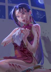 Rule 34 | 1girl, absurdres, black hair, black lagoon, blood, blood on clothes, blood on face, blood on hands, blood stain, bloody weapon, brown eyes, china dress, chinese clothes, crack, cracked glass, dress, highres, knife, kukri, long hair, moon, seven tai three, shenhua, solo, weapon