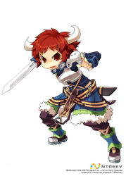Rule 34 | 10s, 1boy, armcho, armor, buffalo (trickster), fighting stance, full body, fur trim, horns, male focus, red eyes, red hair, short hair, solo, standing, sword, trickster (ntreev soft), weapon