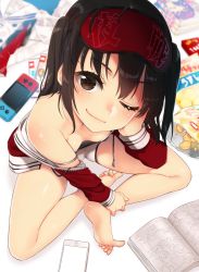 Rule 34 | 1girl, ;), alternate costume, artist name, bag of chips, bare shoulders, barefoot, blurry, blush, body blush, breasts, brown eyes, brown hair, child, chips (food), closed mouth, commentary request, depth of field, downblouse, feet, food, foreshortening, from above, hand on own cheek, hand on own face, head tilt, indian style, jacket, kantai collection, koruri, long hair, long sleeves, looking at viewer, looking up, magazine (object), nintendo switch, off shoulder, one eye closed, open clothes, open jacket, red jacket, sendai (kancolle), shiny skin, shorts, sitting, sleep mask, small breasts, smile, solo, spaghetti strap, strap slip, tareme, toes, two side up, unzipped, white shorts