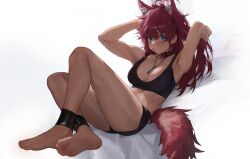 Rule 34 | 1girl, ahoge, animal collar, animal ear fluff, animal ears, ankle cuffs, armpits, arms up, bafangyu, black shorts, black sports bra, blue eyes, blush, bound ankles, breasts, character request, collar, dog tags, feet, full body, gundam, gundam suisei no majo, hair between eyes, highres, knee up, large breasts, legs, long hair, lying, messy hair, midriff, mouth hold, on back, red hair, shadow, shiny skin, short shorts, shorts, sidelocks, simple background, soles, solo, sports bra, suletta mercury, sweat, tail, thighs, toes, white background, wolf ears, wolf tail