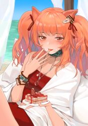 1girl angelina_(arknights) angelina_(summer_flower)_(arknights) arknights beach brown_eyes cake cake_slice cao_jie_liu_yu chain chain_necklace chinese_commentary commentary_request cream cream_on_face day finger_to_tongue food food_on_face fruit glint hair_ribbon highres holding holding_plate horizon infection_monitor_(arknights) jewelry licking licking_finger looking_at_viewer medium_hair necklace official_alternate_costume one-piece_swimsuit orange_hair outdoors plate red_one-piece_swimsuit red_ribbon ribbon solo strawberry swimsuit tongue tongue_out