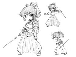 Rule 34 | 1girl, camel (dansen), character sheet, female focus, issun (camel), japanese clothes, monochrome, needle, original, ponytail, weapon