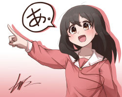 Rule 34 | 1girl, :d, anj-euna seona, azumanga daioh&#039;s school uniform, azumanga daiou, breasts, brown eyes, brown hair, commentary request, eyelashes, floating hair, gradient background, hair between eyes, hair strand, hand up, highres, kasuga ayumu, korean commentary, long sleeves, looking ahead, medium hair, messy, neck ribbon, open mouth, pink background, pink serafuku, pink shirt, pointing, red ribbon, ribbon, sailor collar, school uniform, serafuku, shirt, signature, small breasts, smile, solo, speech bubble, translated, upper body, very long sleeves, white background, white sailor collar, winter uniform