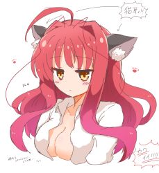 Rule 34 | 1girl, :&lt;, ahoge, animal ear fluff, animal ears, breasts, cat ears, cat girl, cleavage, collared shirt, commentary request, dracu-riot!, expressionless, eyes visible through hair, hair between eyes, hair intakes, hair spread out, hakutocake, highres, large breasts, light blush, long hair, long sleeves, looking at viewer, no bra, open clothes, open shirt, paw print, red hair, shirt, shy, sidelocks, simple background, sketch, solo, translated, wavy hair, white background, white shirt, yarai miu, yellow eyes