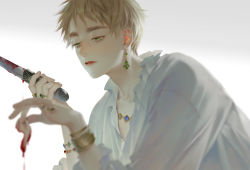 Rule 34 | 1boy, absurdres, armlet, axis powers hetalia, blonde hair, blood, bloody knife, earrings, gem, gold bracelet, green eyes, highres, holding, holding knife, holding weapon, huacai, jewelry, knife, lips, looking at object, male focus, multiple rings, necklace, pirate, ring, severed ear, solo, thick eyebrows, united kingdom (hetalia), weapon, white background
