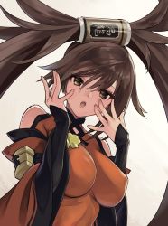 Rule 34 | 1girl, bare shoulders, breasts, brown eyes, brown hair, china dress, chinese clothes, covered erect nipples, dress, guilty gear, guilty gear xrd, hair between eyes, hand on own face, jako (toyprn), kuradoberi jam, large breasts, long hair, long sleeves, looking at viewer, open mouth, solo, tin can, white background, wide sleeves