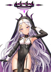 Rule 34 | 1girl, ahoge, alternate costume, belt, black gloves, black thighhighs, blue archive, cross, cross necklace, demon girl, demon horns, demon wings, detached sleeves, forehead, garter straps, gloves, groin, habit, hair ornament, hairclip, halo, highres, hina (blue archive), horns, jewelry, long hair, long sleeves, looking at viewer, necklace, nun, parted bangs, pelvic curtain, purple eyes, side slit, sidelocks, simple background, solo, tako seijin, thighhighs, white hair, wings