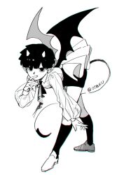 Rule 34 | 1boy, absurdres, ascot, bent over, collared shirt, demon boy, demon horns, demon tail, demon wings, earrings, full body, greyscale, hand on own face, highres, horns, jewelry, kageyama shigeo, kneehighs, long sleeves, looking at viewer, male focus, mob psycho 100, monochrome, otaku0220, puffy long sleeves, puffy sleeves, shirt, short hair, shorts, simple background, socks, solo, standing, stud earrings, tail, twitter username, wings