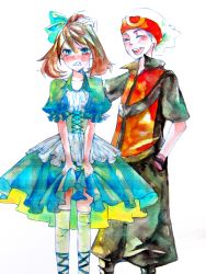 Rule 34 | 1boy, 1girl, absurdres, angry, artist request, blue bow, blue dress, blue eyes, blue ribbon, blush, bow, brendan (pokemon), brown hair, child, closed eyes, collarbone, collared dress, collared shirt, creatures (company), dress, fangs, frilled dress, frilled sleeves, frills, game freak, gen 3 pokemon, hand on another&#039;s head, happy, hat, head pat, highres, holding, holding clothes, holding dress, idol, laughing, legs, long image, looking at viewer, may (pokemon), medium hair, neck, nintendo, pokemon, pokemon adventures, red shirt, ribbon, sharp teeth, shirt, short-sleeved dress, short ponytail, short sleeves, simple background, socks, standing, tall image, teeth, white background
