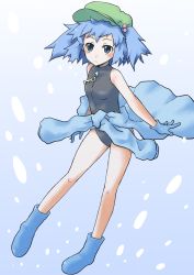 Rule 34 | 1girl, alternate costume, ankle boots, bare shoulders, black one-piece swimsuit, blue background, blue eyes, blue footwear, blue gloves, blue hair, blush, bodysuit, boots, breasts, clothes around waist, front zipper swimsuit, full body, gloves, gradient background, hair bobbles, hair ornament, halterneck, hat, jack (wkm74959), jacket, jacket around waist, kawashiro nitori, key, light smile, looking at viewer, matching hair/eyes, meme attire, one-piece swimsuit, shirt, short hair, short twintails, small breasts, smile, solo, standing, swimsuit, touhou, turtleneck, twintails, two side up, zipper