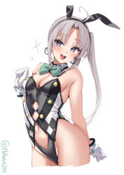 Rule 34 | 1girl, ahoge, akitsushima (kancolle), alternate costume, animal ears, aqua bow, black leotard, blush, bow, clothing cutout, commentary, cowboy shot, cropped legs, detached collar, earrings, ebifurya, fake animal ears, gloves, grey hair, groin, highres, hoop earrings, jewelry, kantai collection, leotard, long hair, looking at viewer, navel, navel cutout, one-hour drawing challenge, open mouth, playboy bunny, purple eyes, rabbit ears, side ponytail, simple background, smile, solo, strapless, strapless leotard, thighs, twitter username, white background, white gloves