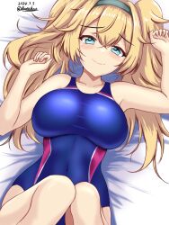 Rule 34 | 1girl, blonde hair, blue eyes, blue one-piece swimsuit, blush, breasts, competition swimsuit, covered navel, dated, gambier bay (kancolle), hair between eyes, hairband, highres, kantai collection, large breasts, long hair, montemasa, multicolored clothes, multicolored swimsuit, on bed, one-hour drawing challenge, one-piece swimsuit, simple background, solo, swimsuit, twintails, twitter username, two-tone swimsuit