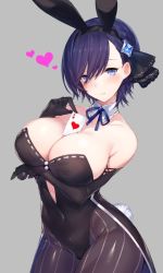 Rule 34 | 1girl, animal ears, arm under breasts, bare shoulders, between breasts, black pantyhose, black ribbon, blue eyes, blue hair, blue ribbon, blush, breast hold, breasts, card, card between breasts, cattleya (gothic wa mahou otome), cleavage, cleavage cutout, clothing cutout, collarbone, covered navel, cowboy shot, detached collar, fake animal ears, gothic wa mahou otome, grey background, hair ribbon, hairband, heart, inayama, large breasts, leotard, looking at viewer, matching hair/eyes, neck ribbon, pantyhose, playboy bunny, playing card, rabbit ears, rabbit tail, ribbon, short hair, simple background, smile, solo, striped clothes, striped pantyhose, tail, vertical-striped clothes, vertical-striped pantyhose
