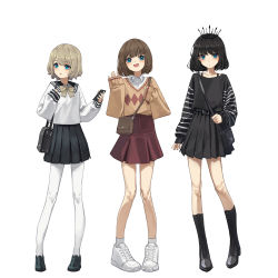 Rule 34 | 3girls, :d, absurdres, bag, black hair, black sailor collar, black shirt, blush, bob cut, boots, bow, bowtie, brown bow, brown bowtie, brown footwear, brown hair, brown skirt, brown sweater, collared shirt, commentary, crown, highres, holding, holding phone, knee boots, long sleeves, looking at viewer, multiple girls, open mouth, original, pantyhose, phone, pleated skirt, sailor collar, shirt, shoes, short hair, shoulder bag, simple background, skirt, sleeves past wrists, smile, socks, striped sleeves, sweater, white background, white footwear, white legwear, white shirt, yoon cook