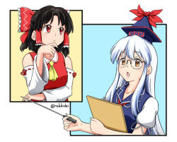 Rule 34 | 2girls, arm under breasts, ascot, black hair, blue dress, blue hair, blue headwear, bow, breasts, brown eyes, collared dress, collared vest, commentary, dress, frilled bow, frills, glasses, hair bow, hair tubes, hakurei reimu, kamishirasawa keine, long hair, long sleeves, medium breasts, medium hair, multicolored hair, multiple girls, neckerchief, open mouth, pointer, pointy hat, puffy short sleeves, puffy sleeves, rakkidei, red bow, red eyes, red ribbon, red vest, ribbon, ribbon-trimmed sleeves, ribbon trim, short sleeves, sidelocks, silver hair, skirt, teacher, thinking, touhou, two-tone hair, vest, white skirt, white sleeves, wide sleeves, yellow ascot