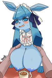 Rule 34 | 1girl, @ @, blue fur, blue nipples, blue sclera, blush, breasts, bright pupils, colored nipples, colored sclera, creatures (company), cup, fang, furry, furry female, game freak, gen 4 pokemon, glaceon, glaceon (tea party), highres, huge breasts, lactation, multicolored fur, neck ribbon, necktie, nintendo, nipples, pokemon, pokemon (creature), pokemon unite, ribbon, sweat, white pupils, wozzu