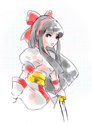 Rule 34 | 1girl, ainu clothes, artist name, black hair, breasts, fingerless gloves, gloves, grey eyes, hair ribbon, legs, long hair, looking at viewer, nakoruru, pants, ribbon, samurai spirits, small breasts, smile, snk, solo, the king of fighters, thighs, traditional media, weapon
