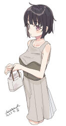 Rule 34 | 1girl, :o, bag, black hair, cropped legs, dated, dress, female focus, grey dress, holding, holding bag, maze (gochama ze gohan), original, purple eyes, see-through silhouette, signature, simple background, solo, tan, tanline, white background