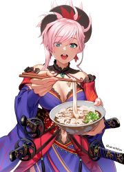 Rule 34 | 1girl, absurdres, artist name, bare shoulders, blue eyes, blue kimono, blush, border, bowl, breasts, chopsticks, cleavage, clothing cutout, commentary request, earrings, fate/grand order, fate (series), food, hair ornament, highres, holding, holding bowl, holding chopsticks, japanese clothes, jewelry, katana, kimono, large breasts, long hair, long sleeves, looking at viewer, magatama, miyamoto musashi (fate), miyamoto musashi (third ascension) (fate), navel, navel cutout, noodles, obi, open mouth, pink hair, ponytail, saruchitan, sash, simple background, smile, swept bangs, sword, twitter username, udon, weapon, white background, wide sleeves