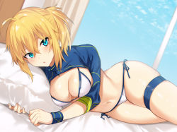 Rule 34 | 1girl, :o, ahoge, artoria pendragon (fate), bed, bikini, blonde hair, blue eyes, blush, breasts, cleavage, cowboy shot, curtains, danimaru, day, fate/grand order, fate (series), hair between eyes, indoors, looking at viewer, lying, medium breasts, mysterious heroine x (fate), mysterious heroine xx (fate), navel, no headwear, no headwear, on bed, on side, pillow, ponytail, pov across bed, shrug (clothing), sidelocks, skindentation, swimsuit, thigh strap, white bikini, window, wristband