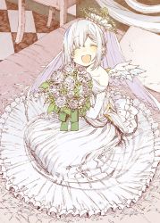 Rule 34 | 1girl, abara heiki, alternate costume, amane kanata, angel wings, bare shoulders, blue hair, blush, bouquet, bridal veil, checkered floor, closed eyes, commentary, dress, feathers, flower, frilled dress, frills, from above, full body, halo, holding, holding bouquet, hololive, indoors, long dress, looking at viewer, multicolored hair, off-shoulder dress, off shoulder, on bed, open mouth, parted bangs, pillow, short hair, silver hair, smile, solo, streaked hair, traditional media, two-tone hair, veil, virtual youtuber, wedding dress, white dress, white flower, wings