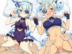 Rule 34 | 2boys, 2girls, aqua hair, armlet, bed sheet, bikini, bikini top only, blue bikini, blue eyes, blue nails, blush, bottomless, bow, breasts, censored, chestnut mouth, clothing aside, covered erect nipples, covered navel, earrings, eyepatch, fingerless gloves, from above, gloves, gluteal fold, hair bow, hetero, highres, holding hands, interlocked fingers, jewelry, large breasts, linea alba, looking at viewer, looking up, lying, medium breasts, missionary, mosaic censoring, multiple boys, multiple girls, nail polish, navel, on back, on bed, one-piece swimsuit, open mouth, penis, pillow, pink nails, praxis (xenoblade), purple eyes, purple one-piece swimsuit, pussy, pussy juice, sex, shiny skin, smile, spread legs, sweat, swimsuit, swimsuit aside, tan, theory (xenoblade), thick thighs, thigh grab, thighs, torso grab, tsurime, vaginal, veins, veiny penis, xenoblade chronicles (series), xenoblade chronicles 2, yaomai