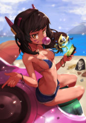 Rule 34 | 1girl, banner, beach, beach umbrella, bikini, bikini under clothes, blue bikini, blue shorts, blue sky, blurry, breasts, brown eyes, brown hair, blowing bubbles, buried, cellphone, chewing gum, cleavage, closed mouth, cloud, d.va (overwatch), day, depth of field, eyelashes, facial mark, from above, fur trim, glowing, goomrrat, hair tie, headphones, highres, holding, hologram, hood, light particles, long hair, looking at viewer, mask, mecha, medium breasts, meka (overwatch), mouth hold, ocean, outdoors, overwatch, overwatch 1, phone, reaper (overwatch), robot, rope, sand, science fiction, shade, shiny skin, shorts, sideboob, sitting, sky, smile, solo, string bikini, swept bangs, swimsuit, swimsuit under clothes, umbrella, whisker markings, yellow eyes