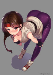 Rule 34 | 1girl, adjusting clothes, artist name, ass, ass focus, blush, braid, braided ponytail, breasts, brown eyes, brown hair, cleavage, downblouse, grey background, headband, highres, kage matu re, leaning forward, long hair, looking at viewer, medium breasts, shadow, shoes, simple background, smile, solo, standing, the king of fighters, tongue, tongue out, yuri sakazaki