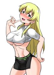 Rule 34 | 1girl, blonde hair, blush, breasts, carpaccio (girls und panzer), girls und panzer, green eyes, hand on own ass, hand up, long hair, looking at viewer, midriff, mimuni362, navel, open mouth, shirt, solo, white background