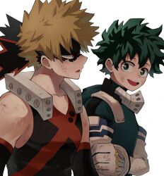 Rule 34 | 2boys, :d, bakugou katsuki, bare shoulders, black tank top, bleeding, blonde hair, blood, blood on face, bodysuit, boku no hero academia, bright pupils, curly hair, detached sleeves, dirty, dirty clothes, eye mask, film grain, freckles, from side, gloves, green bodysuit, green eyes, green hair, hair between eyes, hand up, headgear, highres, looking at another, looking away, looking to the side, male focus, midoriya izuku, muginome (bakuga chan2), multiple boys, open mouth, parted lips, profile, red eyes, scratches, short hair, side-by-side, sideways mouth, simple background, sleeveless, smile, spiked hair, tank top, teeth, torn mask, upper body, upper teeth only, v-neck, white background, white gloves, white pupils, x