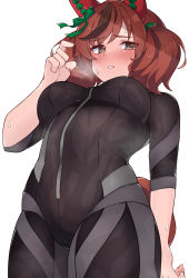 Rule 34 | 1girl, absurdres, bodystocking, bodysuit, brown hair, cosplay, green ribbon, highres, horse girl, nice nature (umamusume), pirukusu, ribbon, simple background, solo, steam, sweat, tail, twin turbo (umamusume), twin turbo (umamusume) (cosplay), twintails, umamusume, upper body, white background