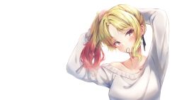 Rule 34 | 1girl, absurdres, blonde hair, blush, bunching hair, ciawasemono, collarbone, copyright request, gradient hair, hair tie, hair tie in mouth, highres, mouth hold, multicolored hair, off shoulder, red hair, simple background, solo, sweater, white background, white sweater, yellow eyes