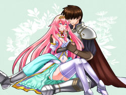 Rule 34 | 1boy, 1girl, 74, arm warmers, armor, blue background, blush, breasts, brown gloves, cape, covered navel, esther (sennen sensou aigis), closed eyes, gloves, grey footwear, holding hands, hand on another&#039;s shoulder, hetero, long hair, medium breasts, pink hair, prince (sennen sensou aigis), sennen sensou aigis, sitting, tiara, very long hair, white footwear, white legwear
