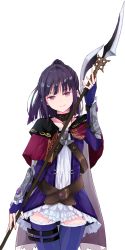 Rule 34 | 1girl, atelier (series), atelier totori, black hair, brown eyes, capelet, cowboy shot, dress, elbow gloves, fingerless gloves, gloves, head tilt, high ponytail, highres, holding, holding polearm, holding weapon, long hair, looking at viewer, maromi (am97), mimi houllier von schwarzlang, polearm, purple gloves, purple thighhighs, red capelet, short dress, simple background, solo, standing, thigh strap, thighhighs, weapon, white background, zettai ryouiki